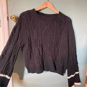 Elan Black Crew Neck Sweater with Cable Knit Design